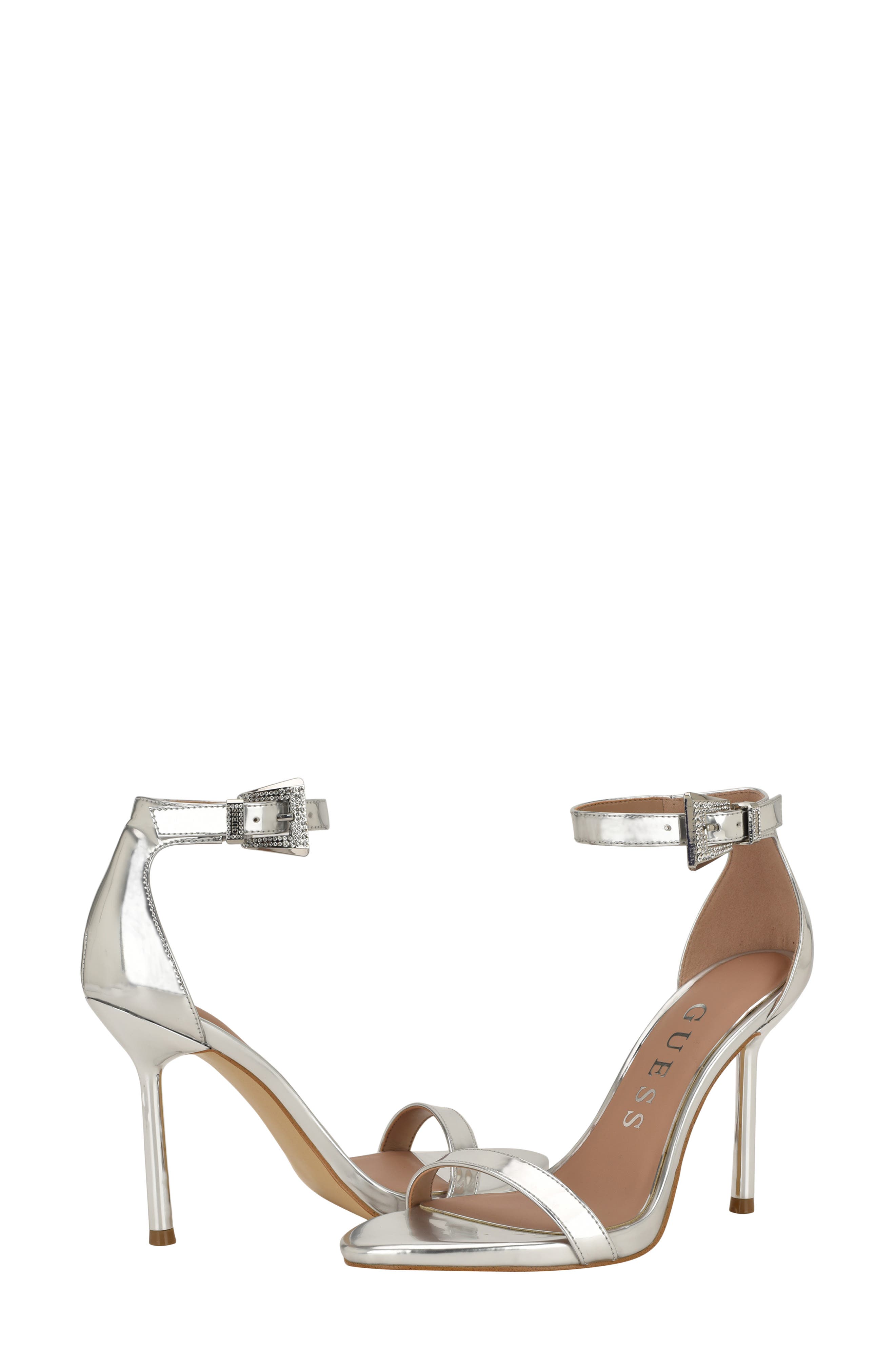 GUESS Insraa Ankle Strap Stiletto Sandal, Alternate, color, Silver