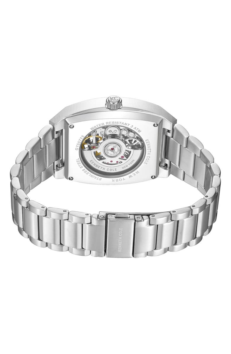 Kenneth Cole New York The Hollis Tonneau Skeleton Automatic Bracelet Watch, 40mm x 52.5mm, Alternate, color, Silver