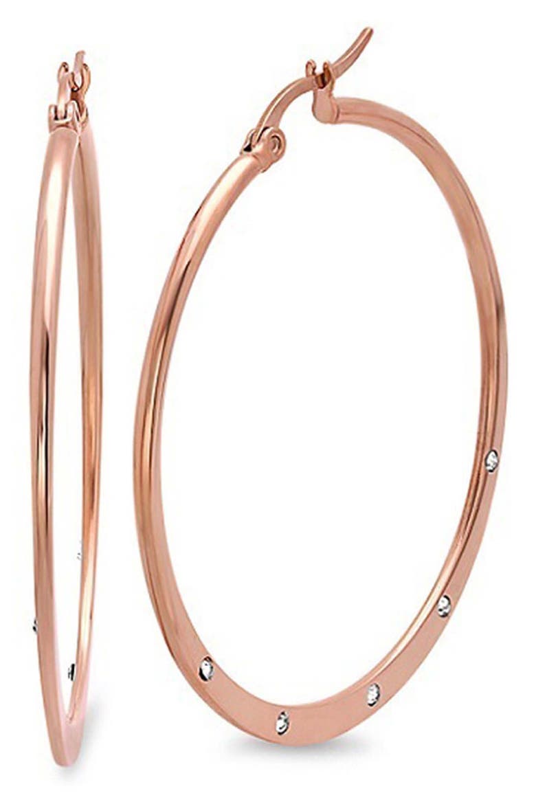 18K Rose Gold Plated Crystal Hoop Earrings, Main, color, ROSE GOLD