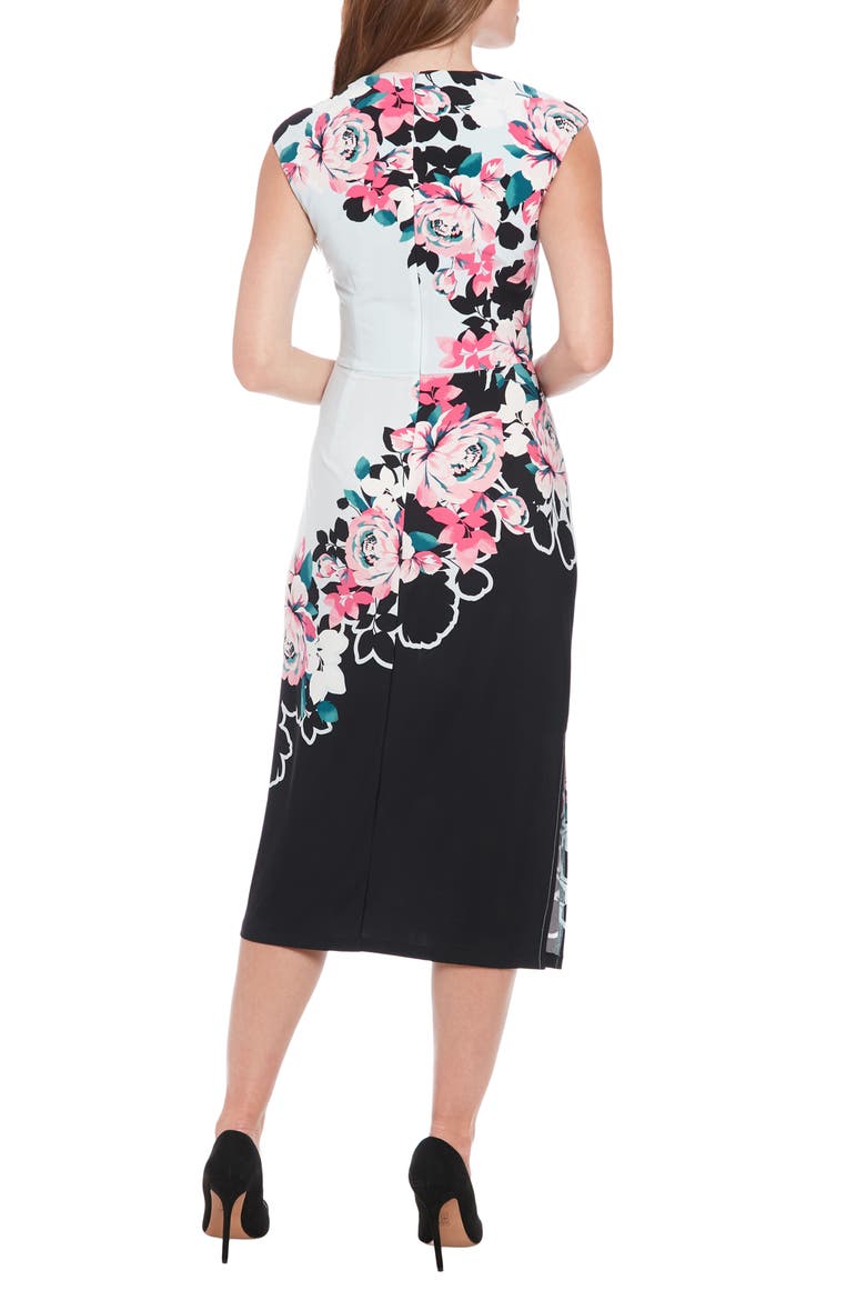 Floral Ruched Cap Sleeve Midi Dress, Alternate, color, BLACK/ PINK