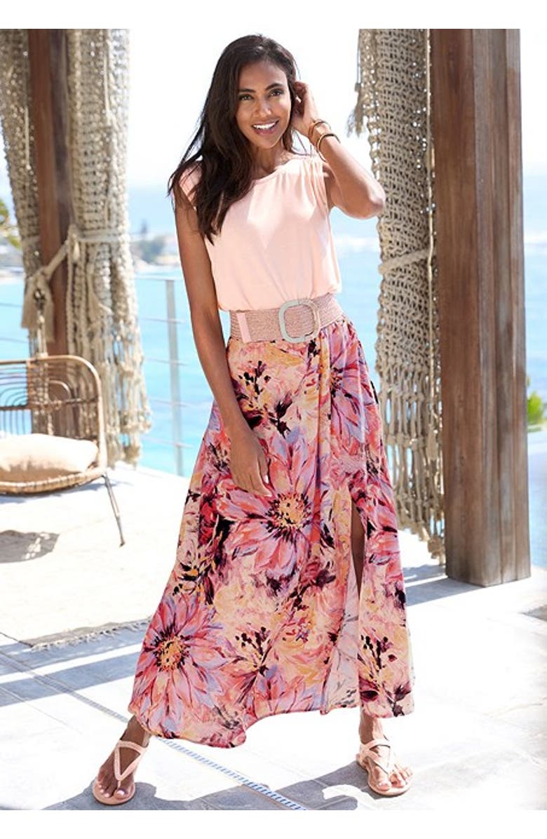 LASCANA Women's Flowy Floral Maxi Skirt, Alternate, color, Pink-Printed