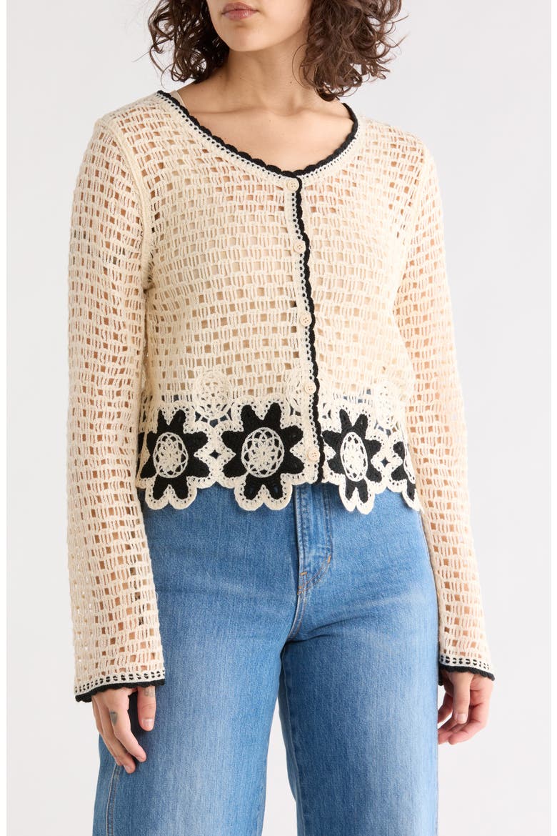 Scallop Trim Crochet Sweater, Main, color, NATURAL/ BLACK