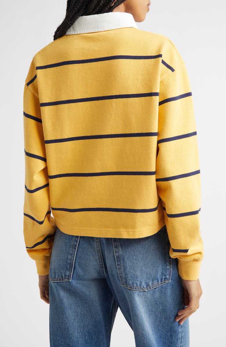 Sporty & Rich Serif Logo Embroidered Cotton Long Sleeve Rugby Polo, Alternate, color, Faded Gold/ White/ Dark Navy