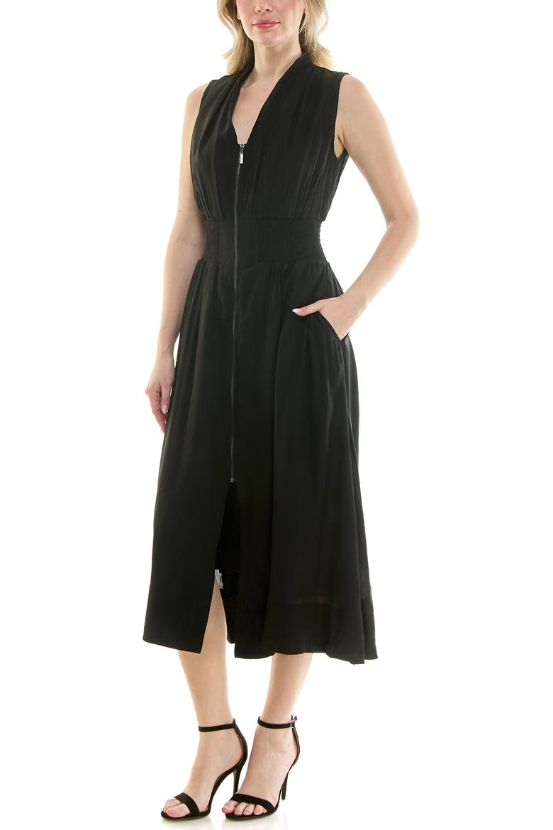 Smocked Waist Zip Front Midi Dress, Alternate, color, VERY BLACK