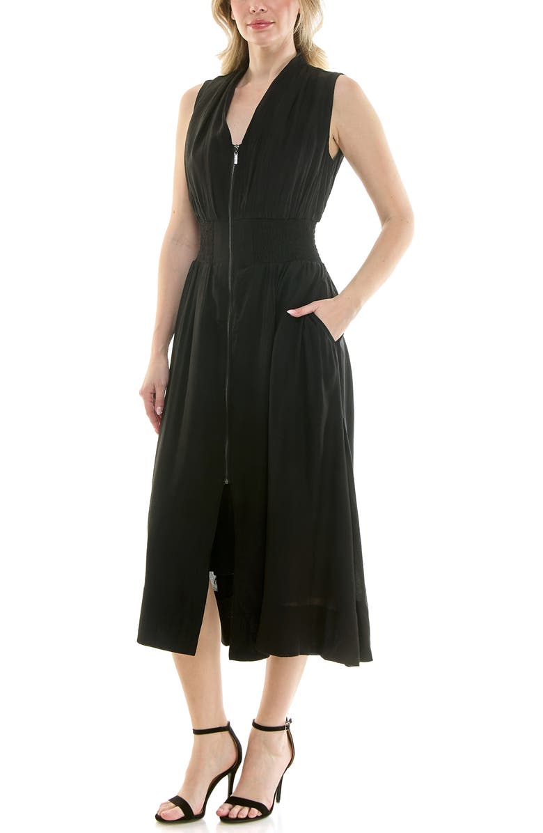 Nicole Miller Smocked Waist Zip Front Midi Dress, Alternate, color, Very Black
