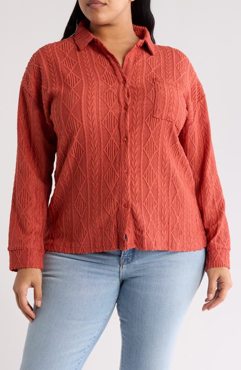 Crochet Long Sleeve Button Front Blouse (Plus)