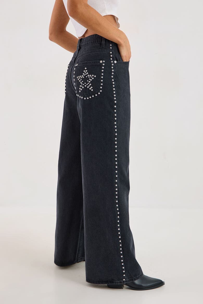 Star Studded Baggy Denim Jeans, Alternate, color, Washed Black