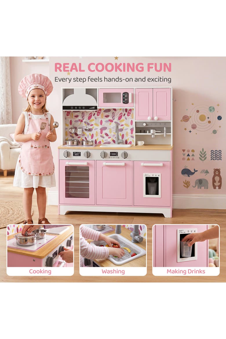 Kids Play Kitchen Set with Sink, Stove, Coffee Maker, Ice Maker, Oven, White, Alternate, color, Pink