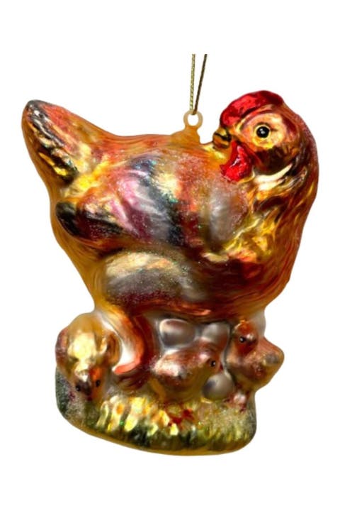 Hen With Baby Chicks Glass Ornament