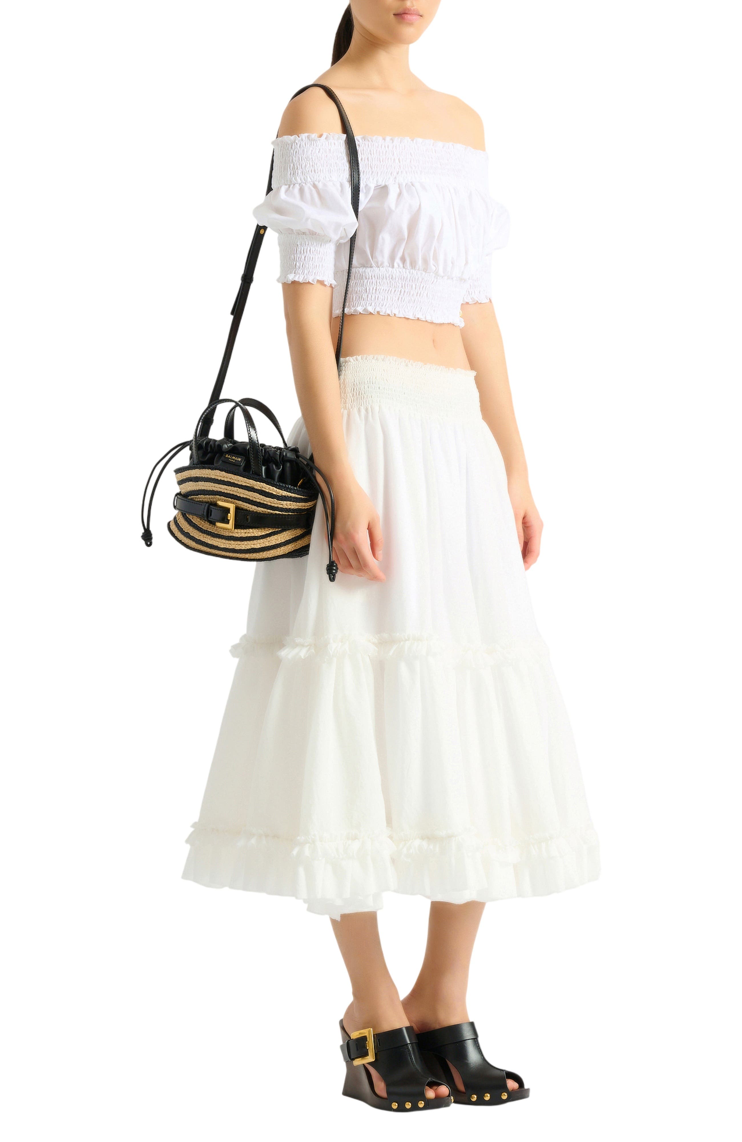 Balmain Mini Shuffle bag in smooth leather and raffia, Alternate, color, Beige