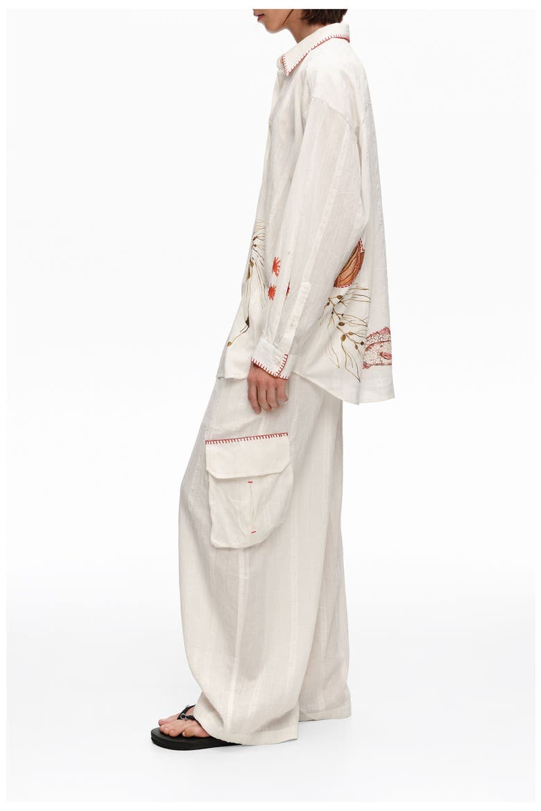Barrel-Leg Cotton Trousers With Decorative Stitching, Alternate, color, IVORY