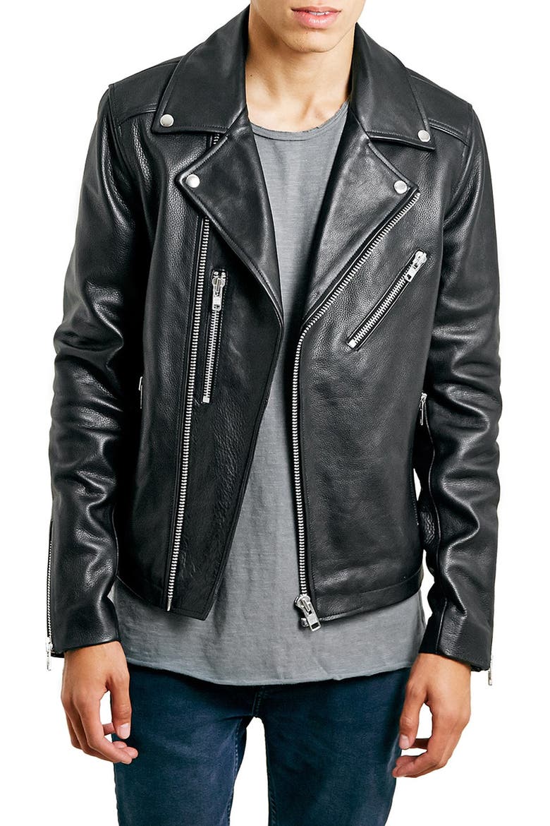 Black Leather Biker Jacket, Main, color, BLACK