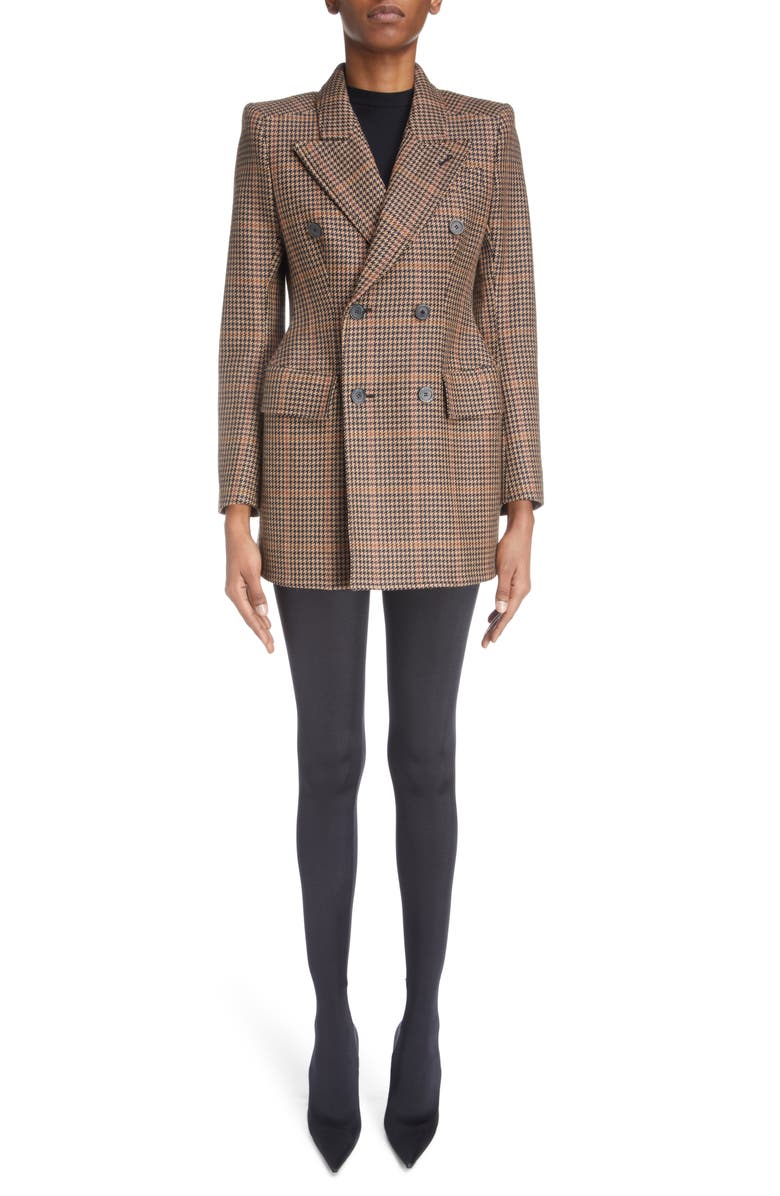 Balenciaga Hourglass Houndstooth Strong Shoulder Double Breasted Wool Blend Blazer, Main, color, 