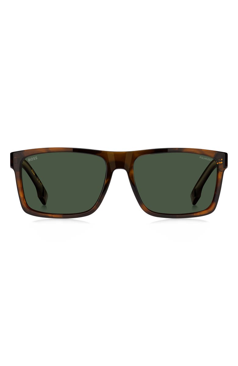 BOSS 59mm Polarized Rectangular Sunglasses, Main, color, Brown Horn/ Green Polar