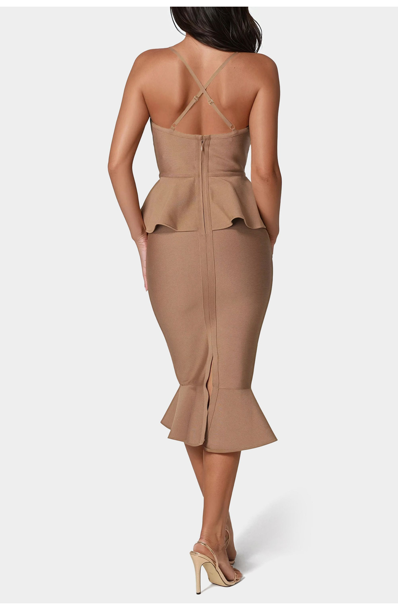bebe Peplum Bandage Midi Cocktail Dress, Alternate, color, Mocha
