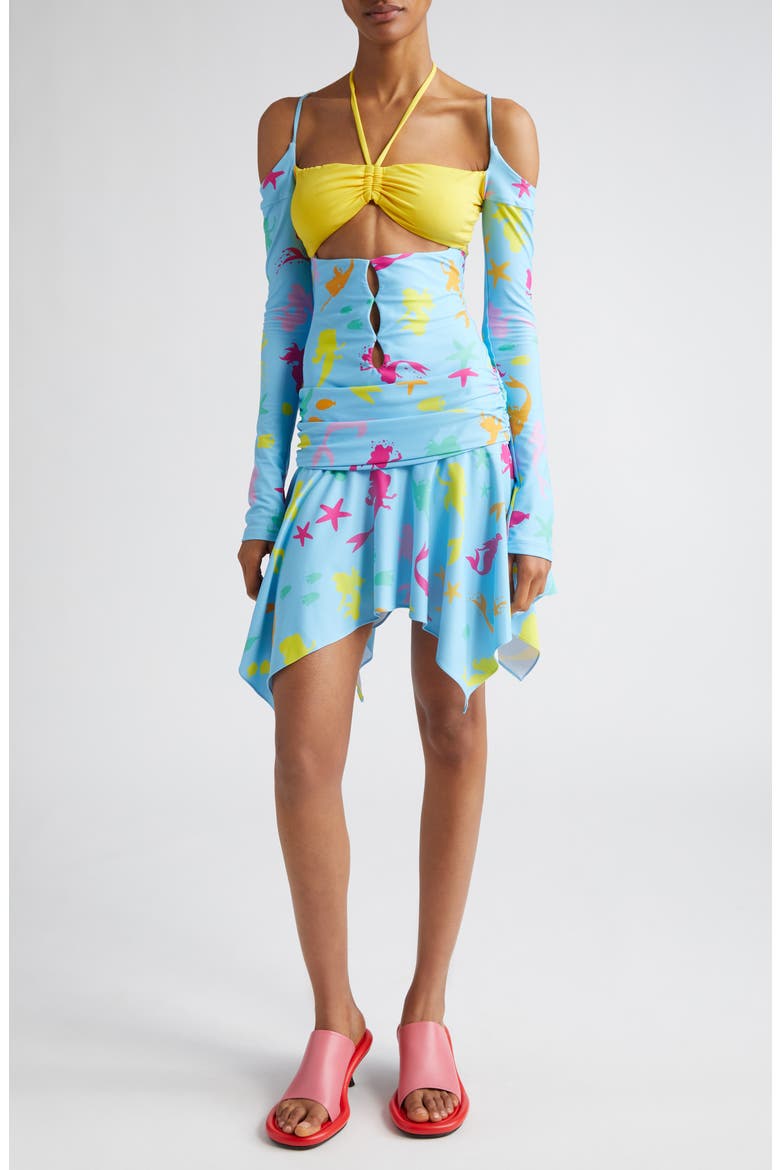x Disney 'The Little Mermaid' Ariel Print Bikini Cutout Long Sleeve Minidress (Nordstrom Exclusive), Main, color, BLUE