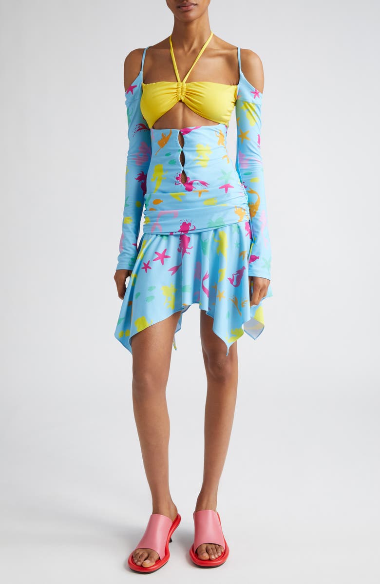 Marshall Columbia x Disney 'The Little Mermaid' Ariel Print Bikini Cutout Long Sleeve Minidress, Main, color, Blue