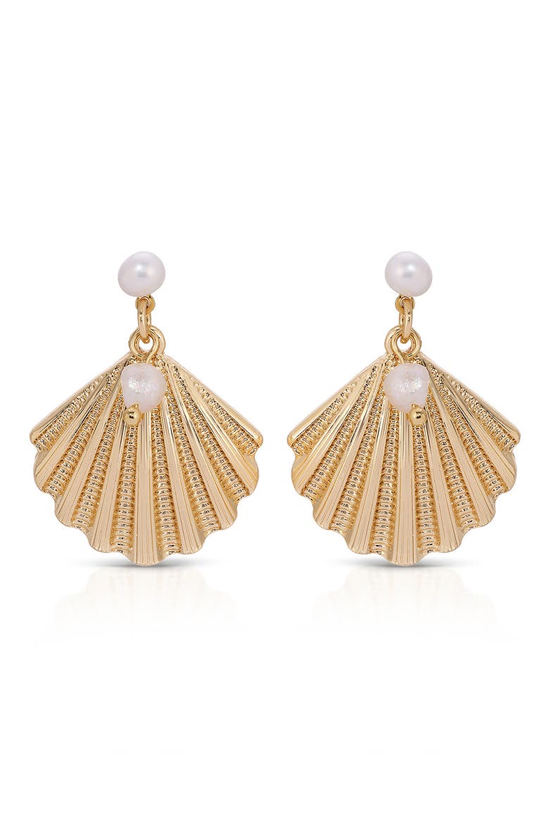 Scallop Shell & Freshwater Pearl Drop Earrings, Main, color, GOLD