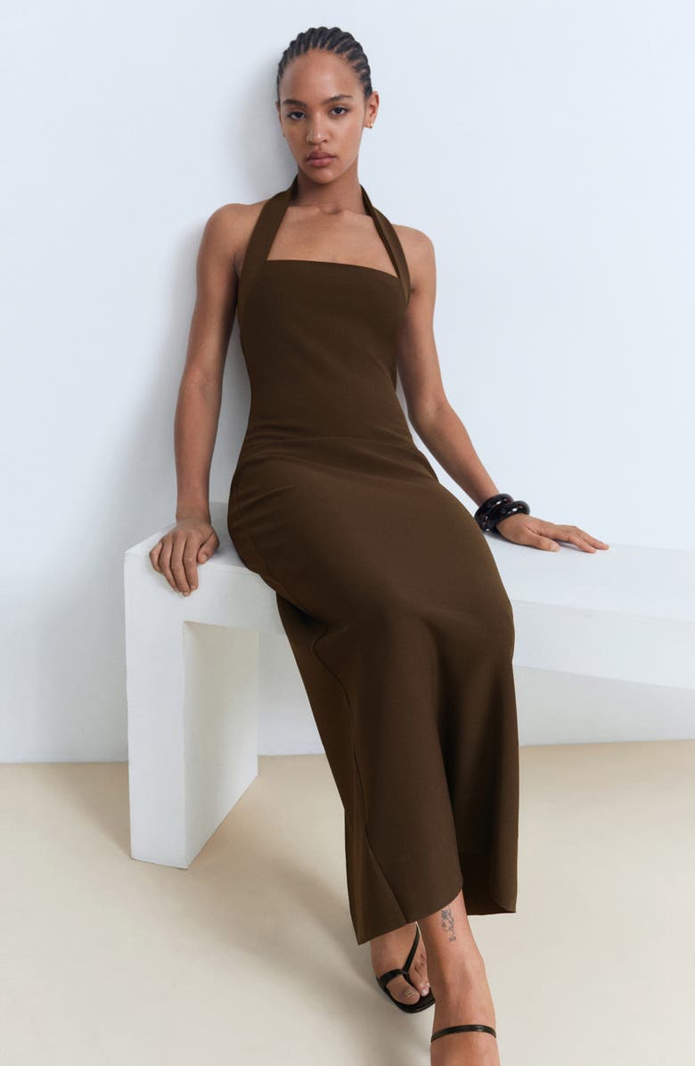 MANGO Halter Maxi Dress, Alternate, color, Brown