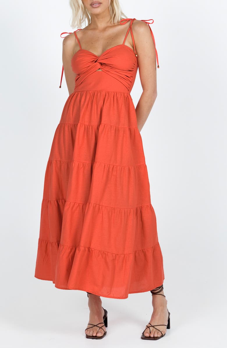 Princess Polly Chavez Tie Strap Tiered Maxi Dress, Main, color, Medium Red