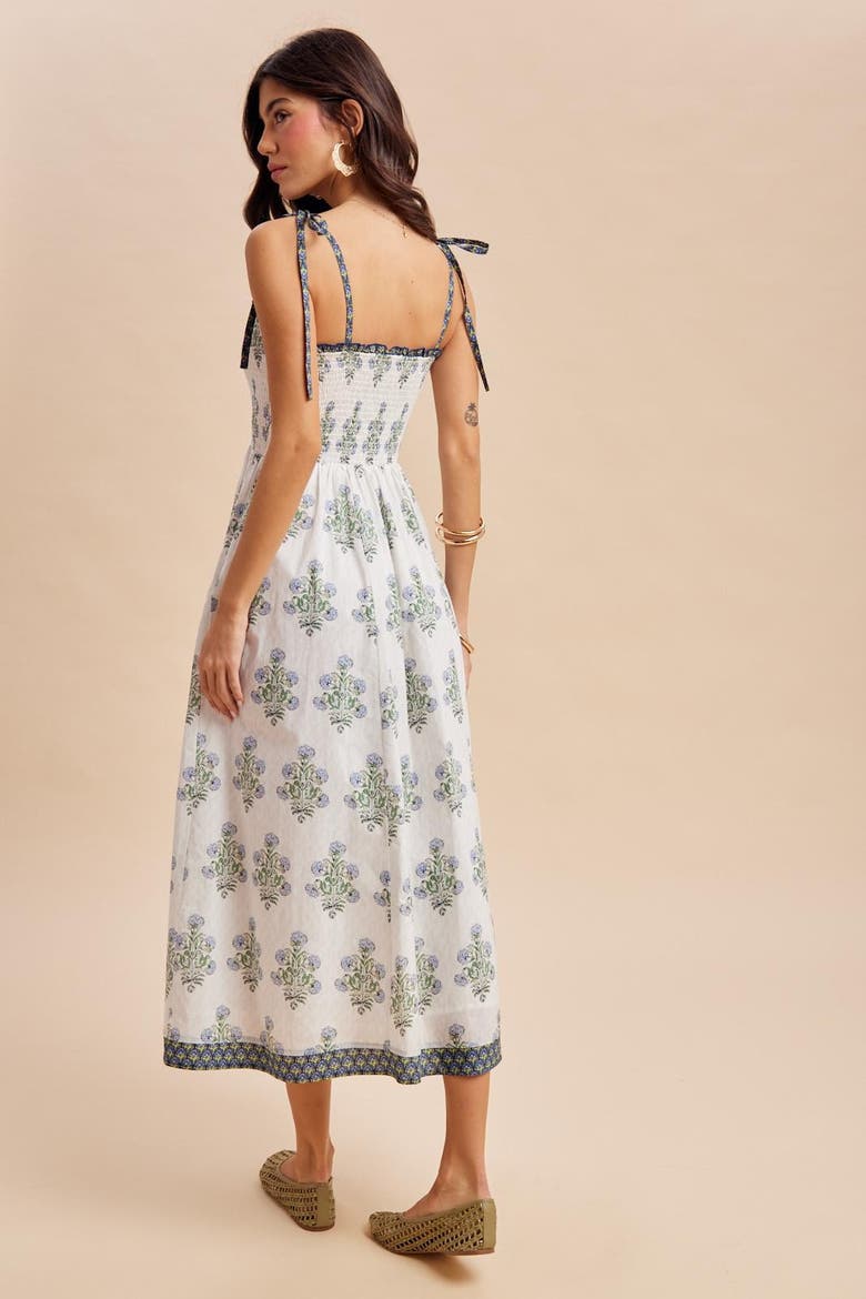 White Floral Smocked Shoulder Tie Maxi Dress, Alternate, color, White