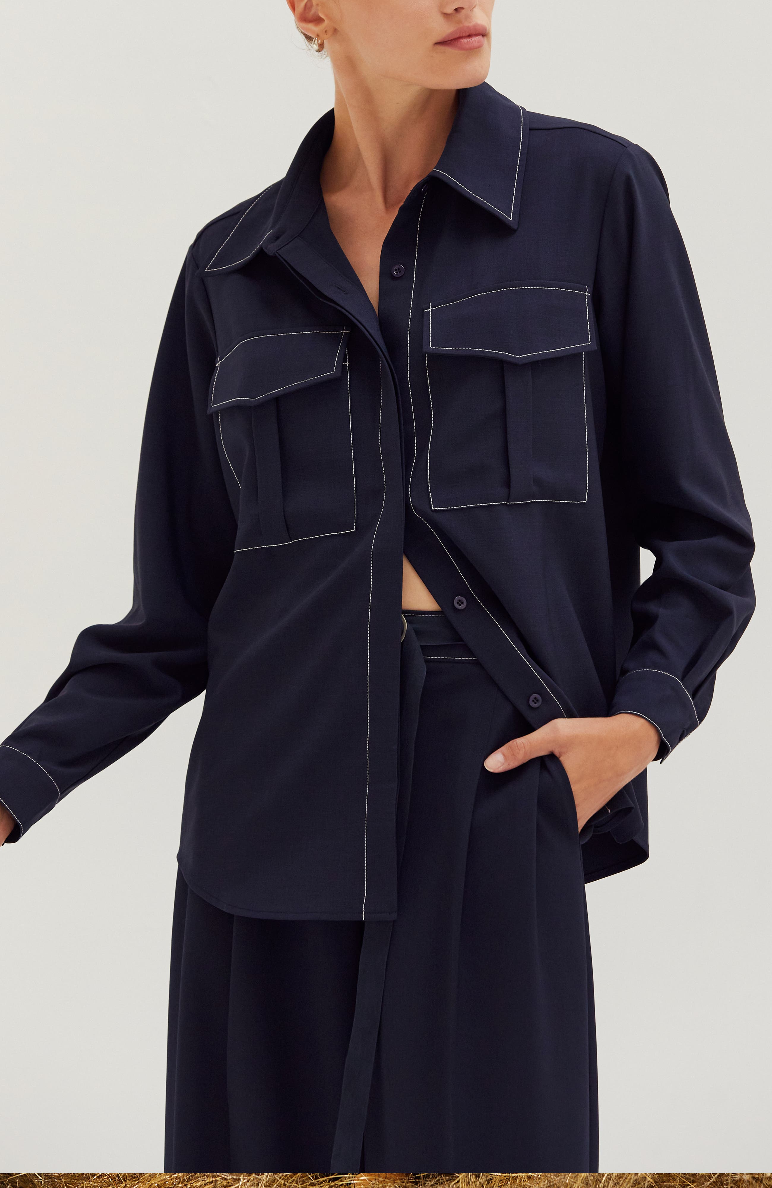CRESCENT Contrast Stitch Utility Shirt in Midnight Blue 
