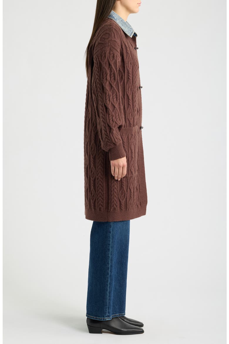 Denim Collar Cable Long Cardigan, Alternate, color, CHOCOLATE