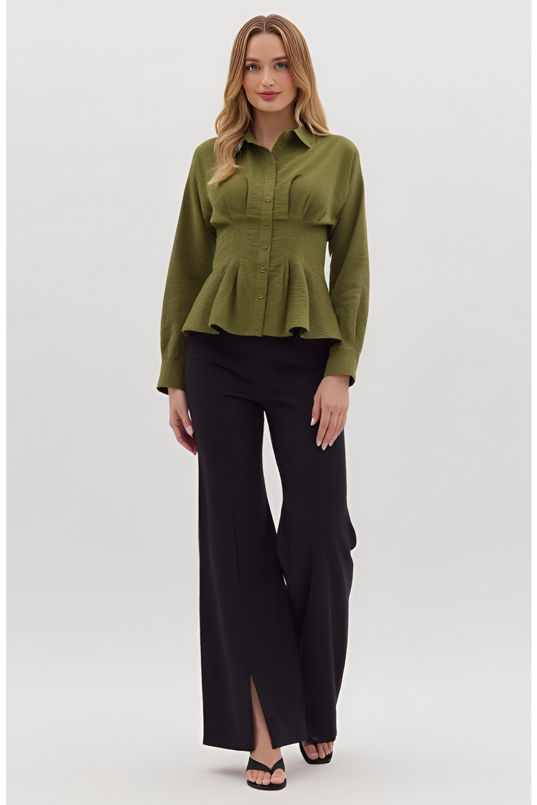 Peplum Button-Up Blouse with Long Sleeves and Structured Waist, Alternate, color, Olive Green