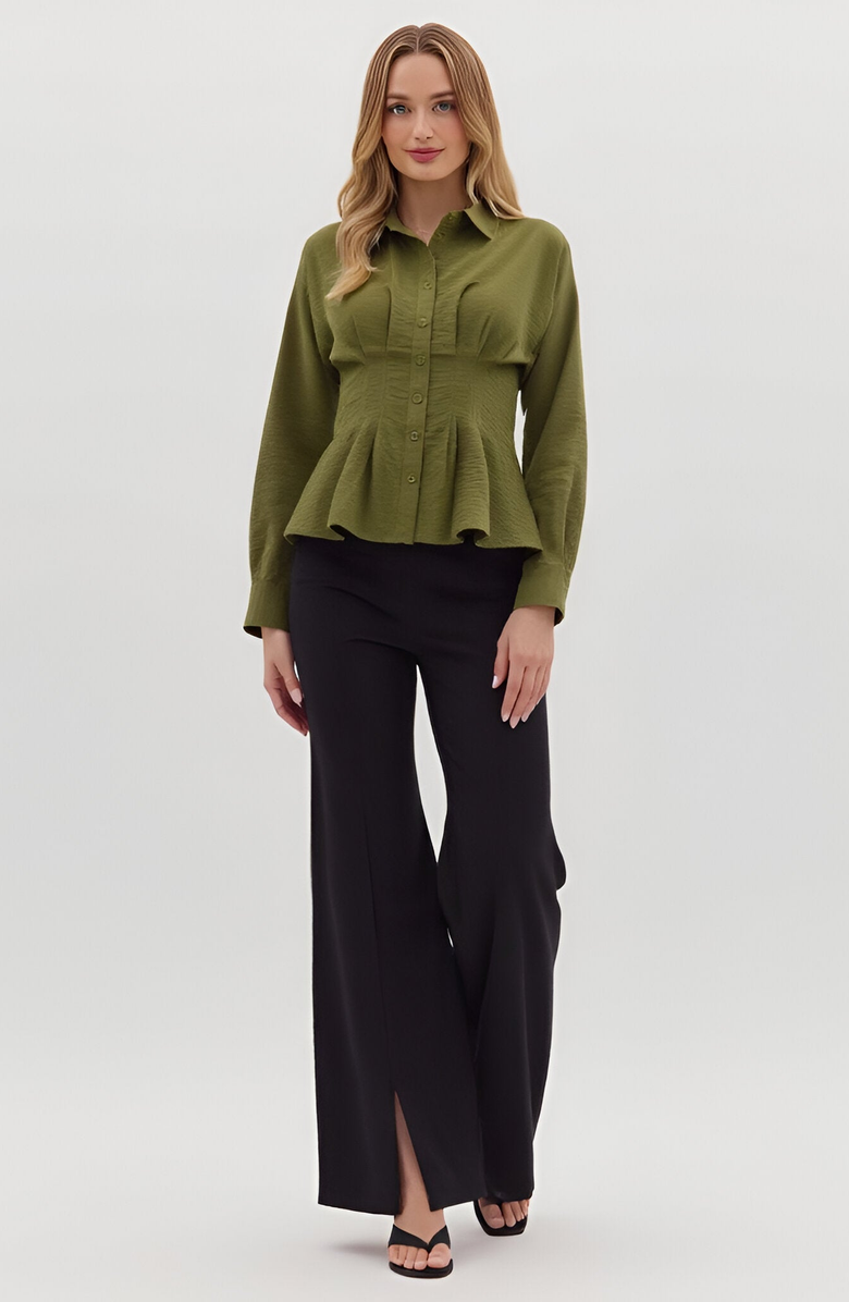 Modenaire Peplum Button-Up Blouse with Long Sleeves and Structured Waist, Alternate, color, 