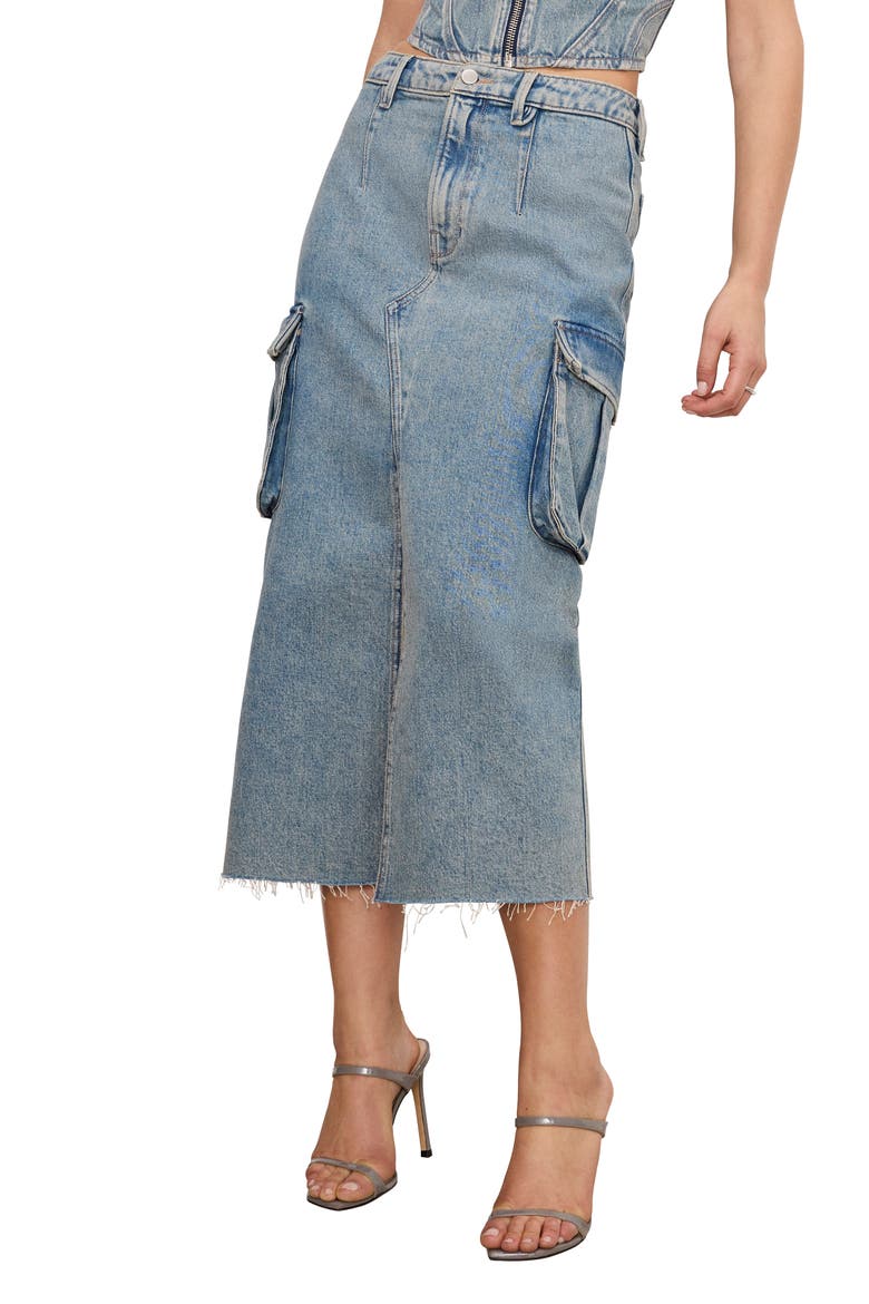 Frayed Hem Denim Cargo Skirt, Main, color, INDIGO762