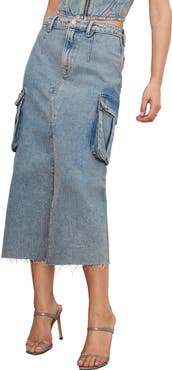 Good American Frayed Hem Denim Cargo Skirt