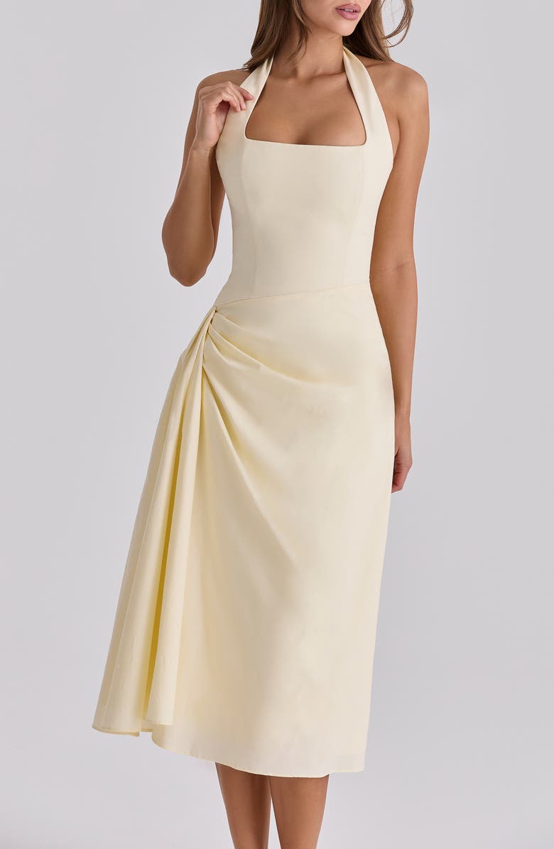 HOUSE OF CB Tallulah Halter Neck Stretch Cotton Midi Dress, Alternate, color, Lemon