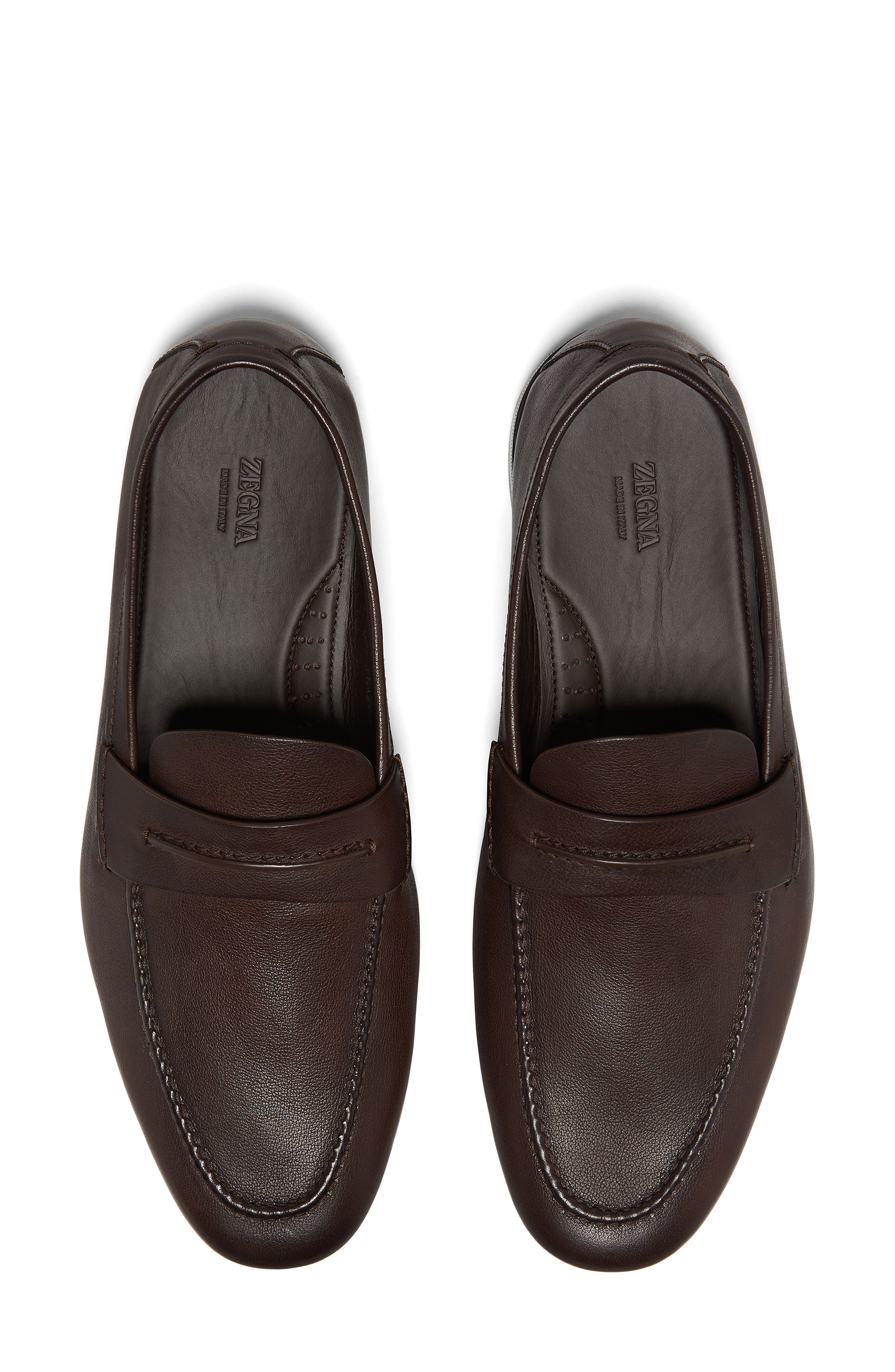ZEGNA Black Natural Grain Leather Driving Loafer, Alternate, color, Dark Brown