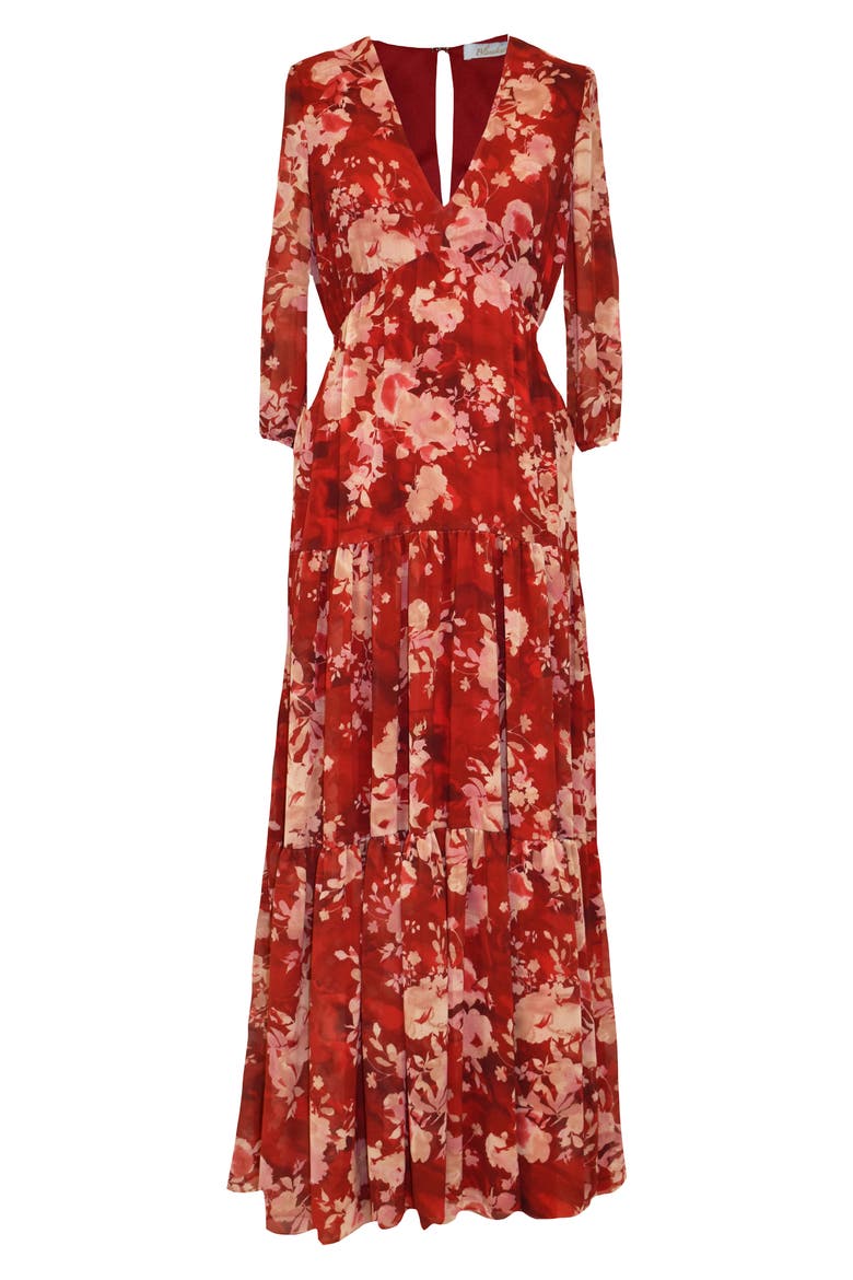 Floral Chiffon 3/4 Sleeve Maxi Dress, Main, color, SCARLETBLU