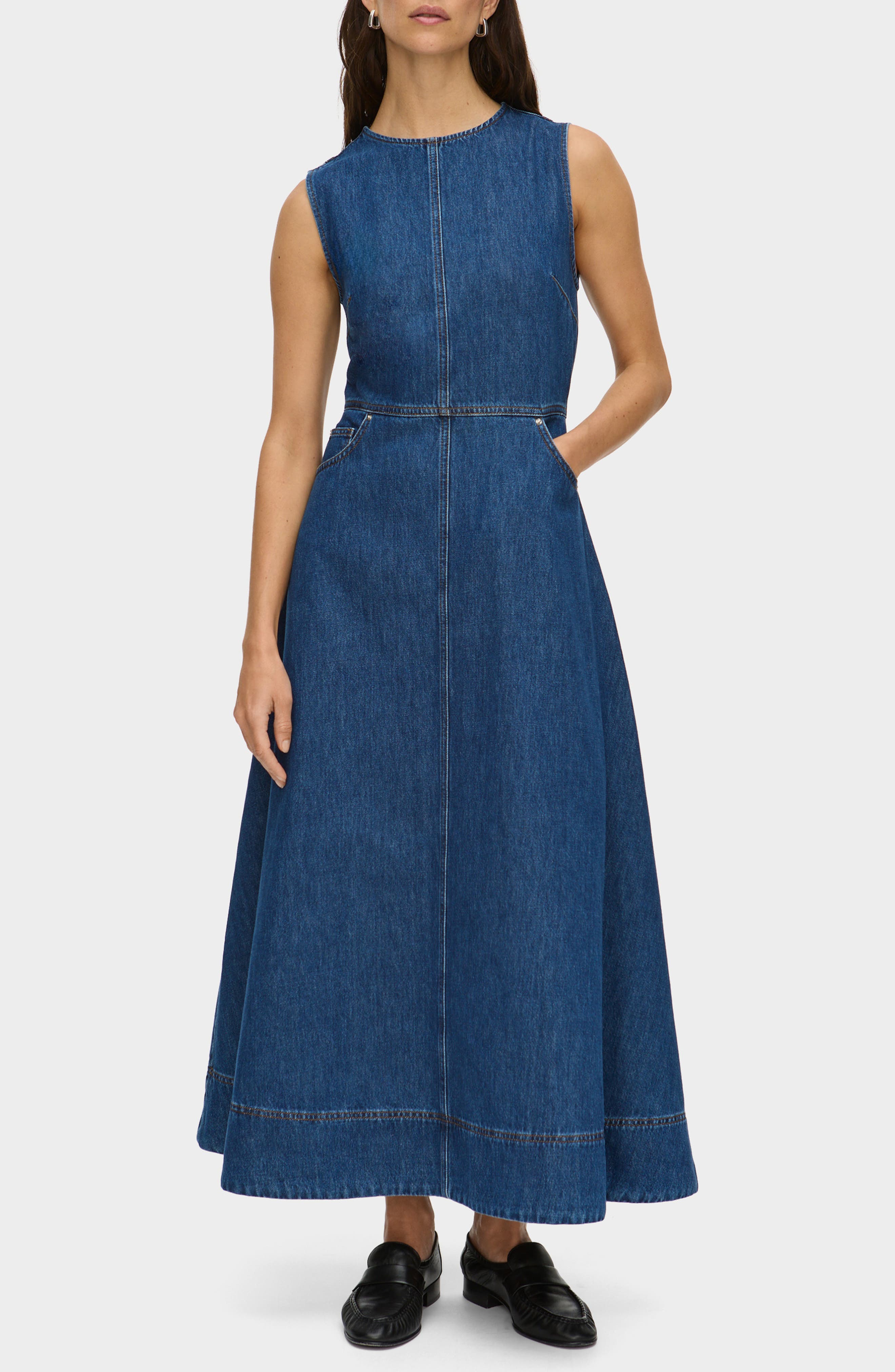 ALIGNE Waterlily Sleeveless Organic Cotton Denim Dress in Mid Blue 