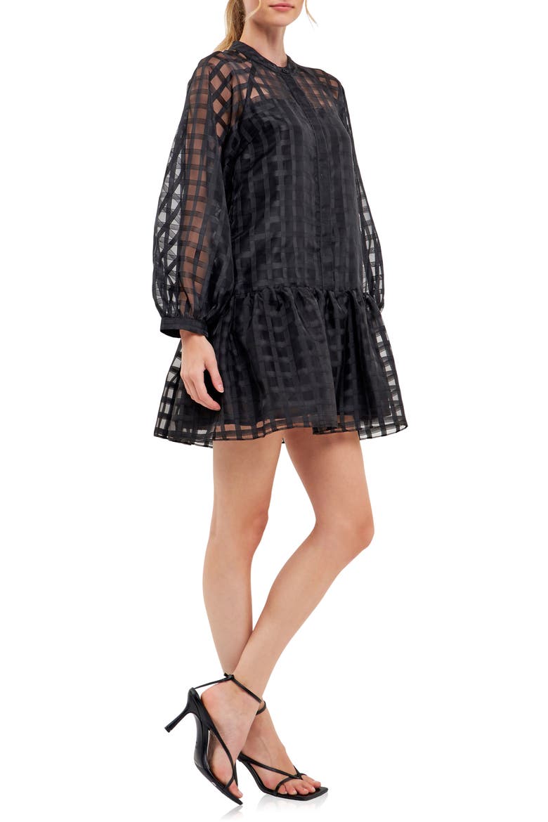 Check Long Sleeve Organza Dress, Alternate, color, BLACK