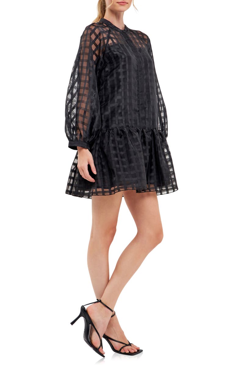 English Factory Check Long Sleeve Organza Dress, Alternate, color, Black