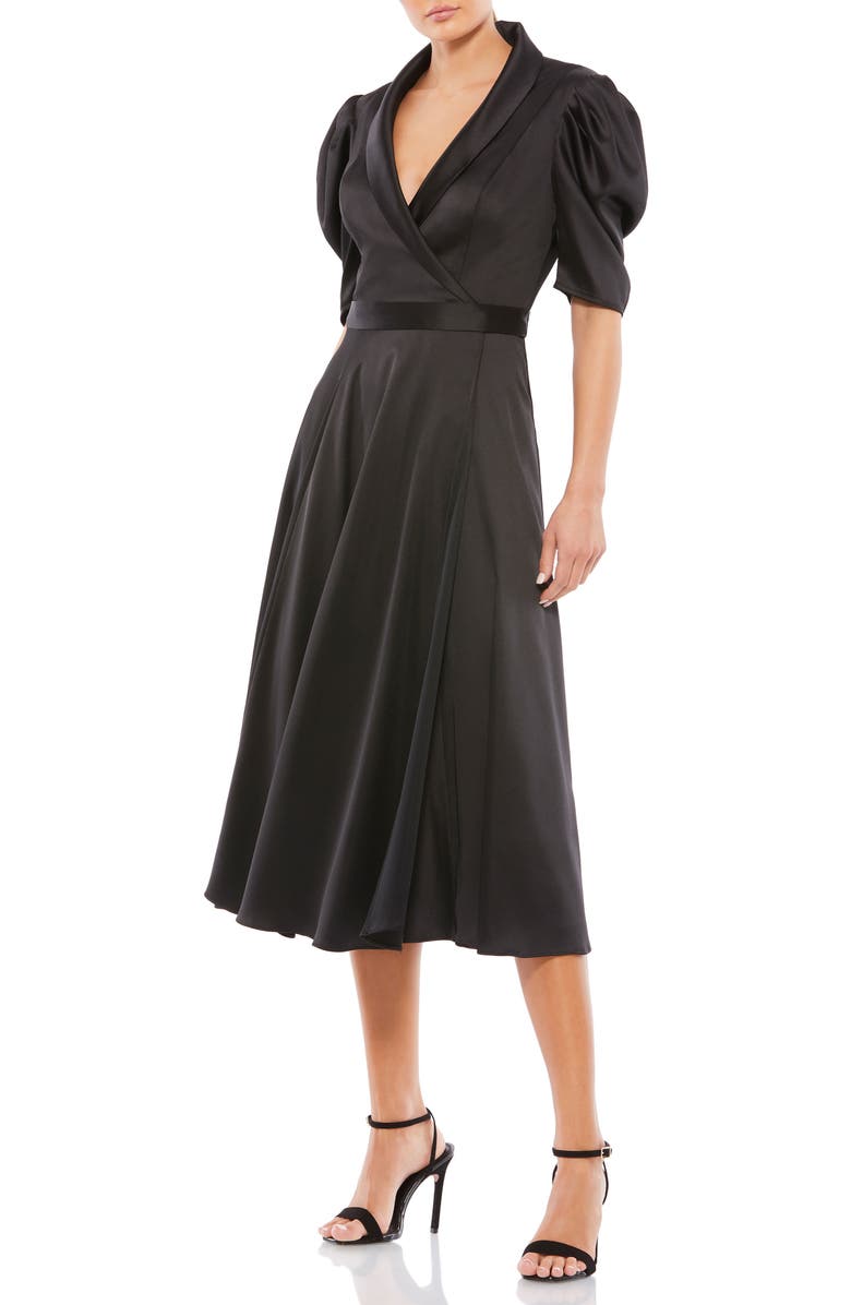 Mac Duggal Satin Lapel Puff Sleeve Tea Length Dress, Main, color, Black