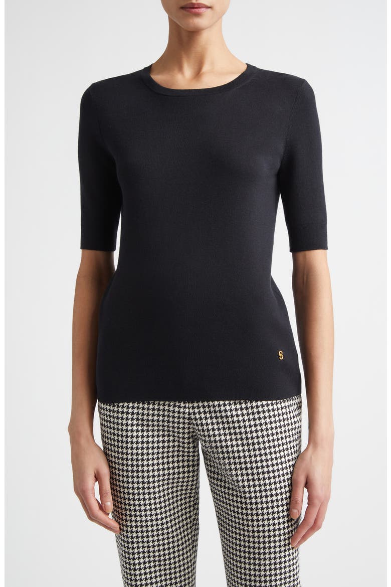 Marlie Short Sleeve Silk & Cotton Sweater, Main, color, BLACK