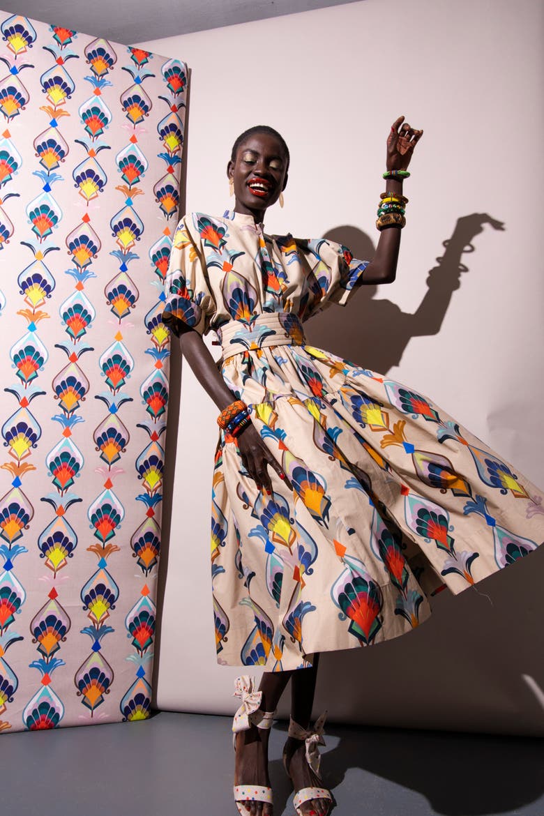 Printed Cotton Popelin Dress With Belt, Alternate, color, Sand Multicolour