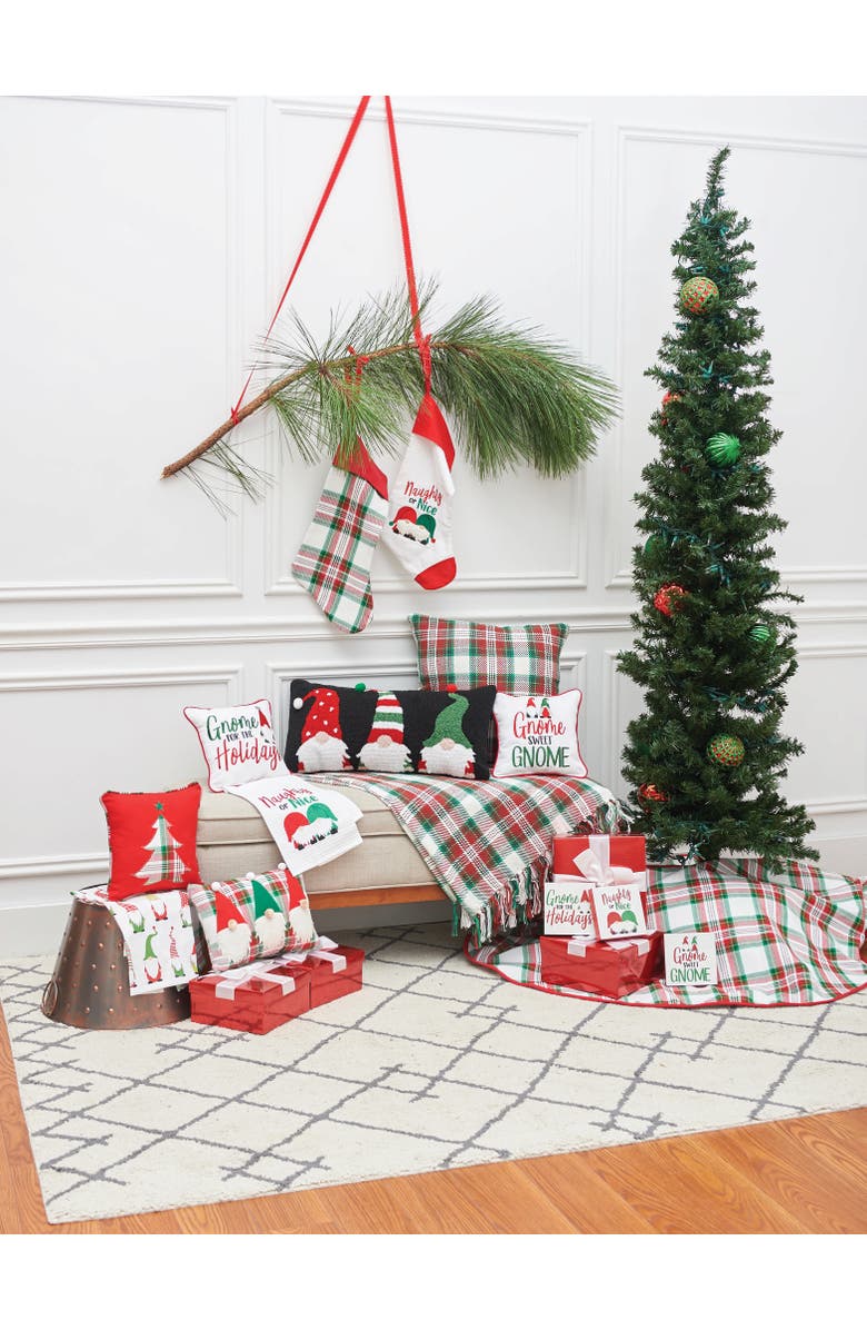 C&F Home Gnome Trio Plaid Applique 100% Cotton Mini Christmas Accent Throw Pillow 9" x 12", Alternate, color, Red