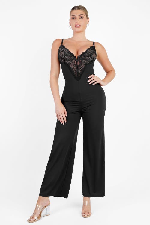 Popilush Shapewear Lace Deep V-neck Sculpting Wide Leg Jumpsuit In Midnight Black