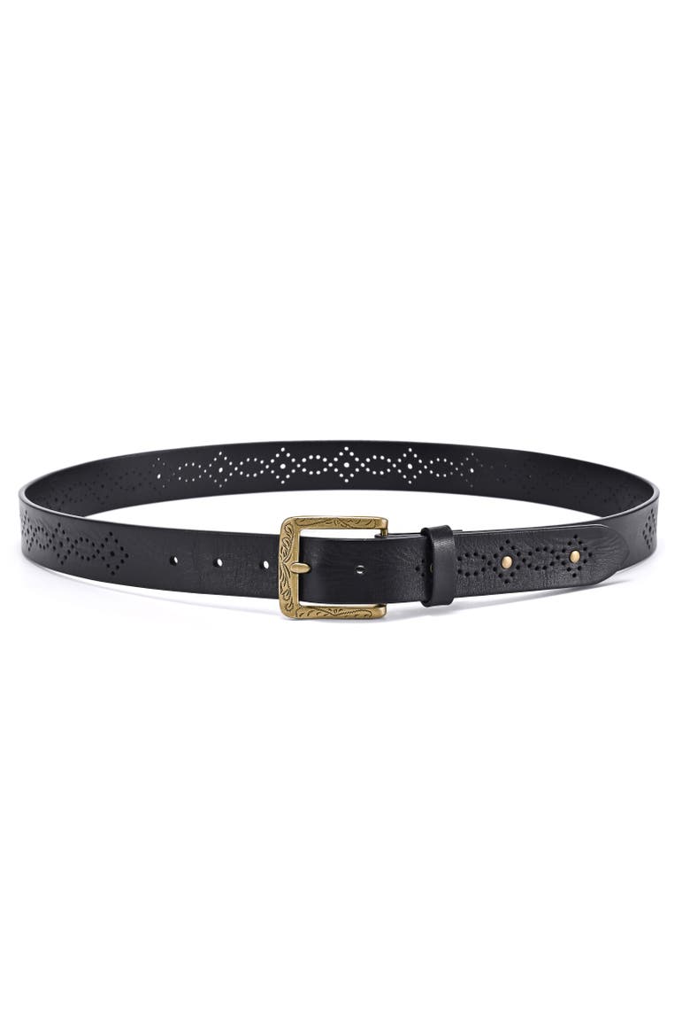 Daisy Genuine Leather Perforated Floral Detail Belt, Alternate, color, Black