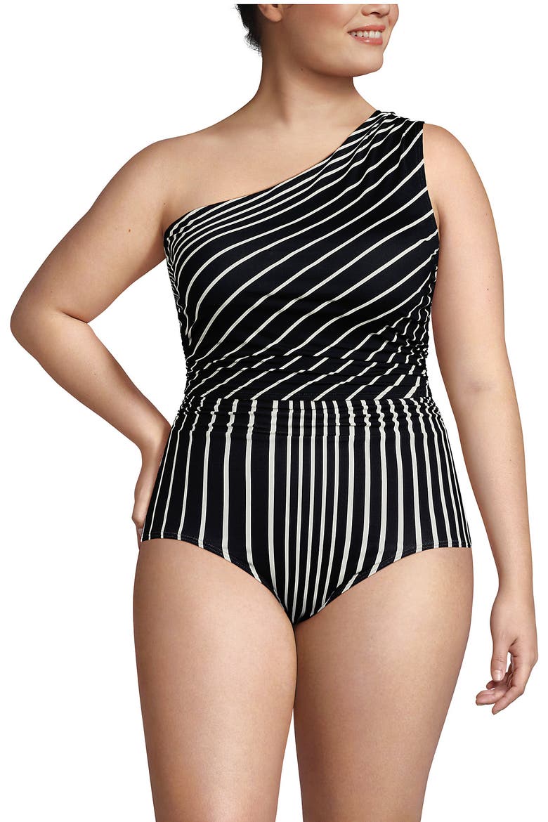 Plus Size Ruched One Shoulder Midkini Top, Main, color, Black/Egret Variegated Stripe