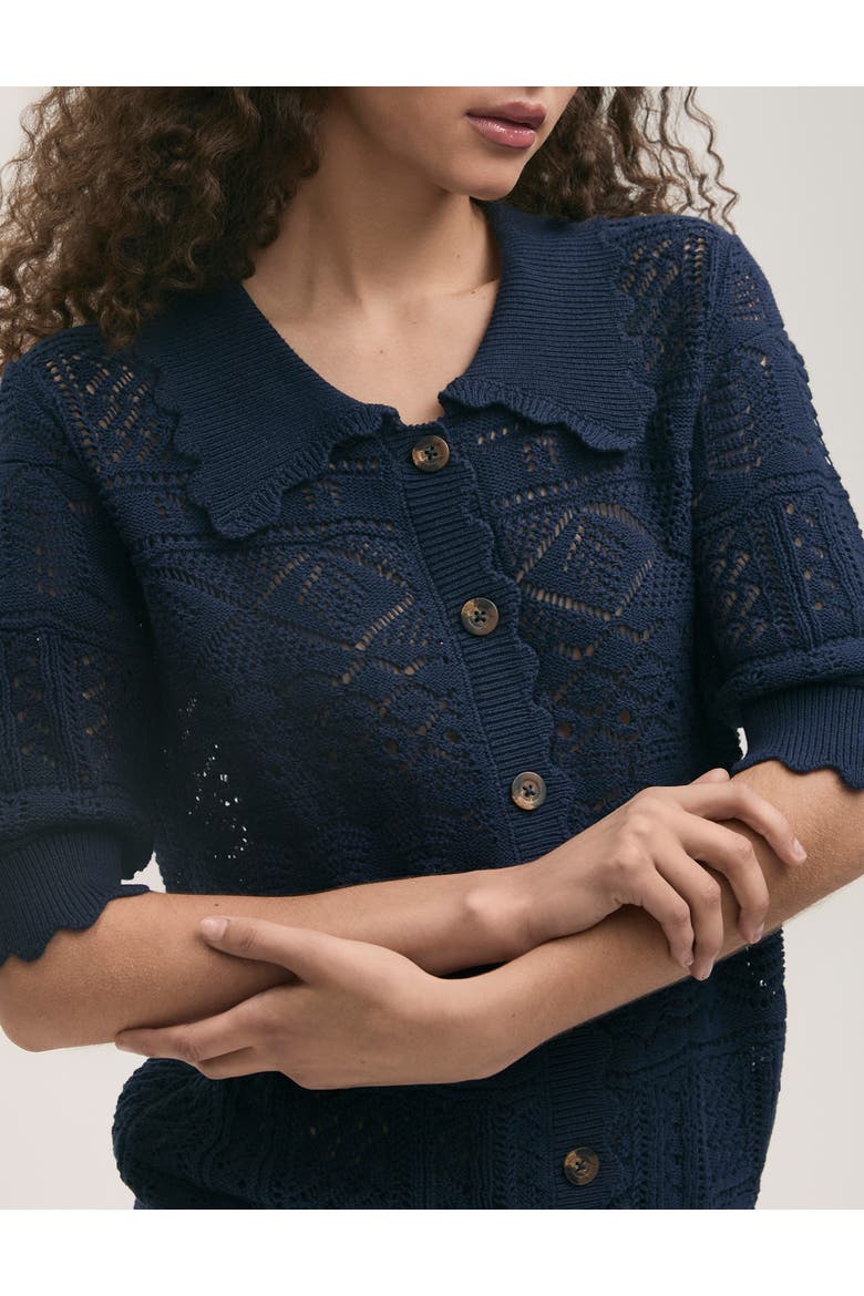 Marlowe Short Sleeve Crochet Cardigan, Alternate, color, Navy