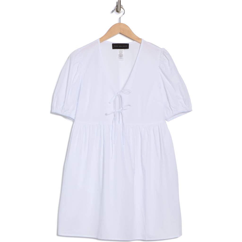 Know One Cares Tie Front Puff Sleeve Poplin Minidress In White