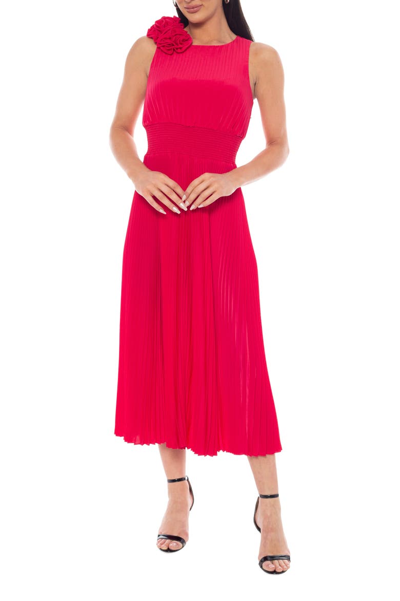 Rosette Pleated A-Line Midi Dress, Main, color, RED