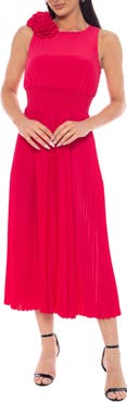 Oleg Cassini Rosette Pleated A-Line Midi Dress