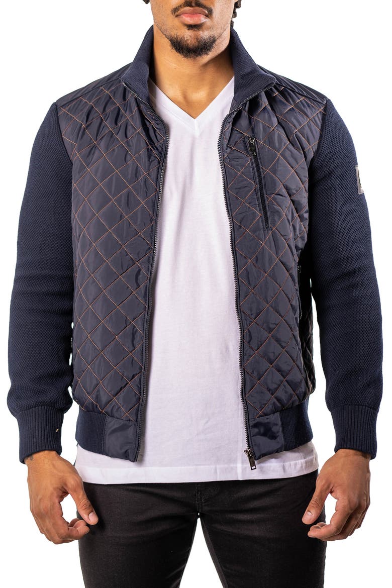 Big Diamond Mixed Media Quilted Bomber Jacket, Main, color, BLUE