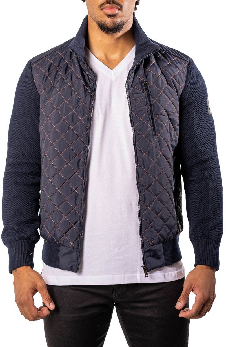 Maceoo Big Diamond Mixed Media Quilted Bomber Jacket, Main, color, Blue